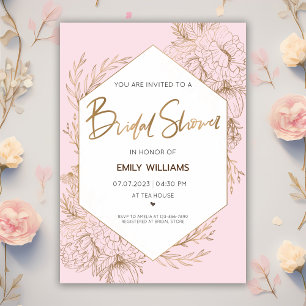 Pink Bridal Shower with Gold Flowers and Leaves  Invitation