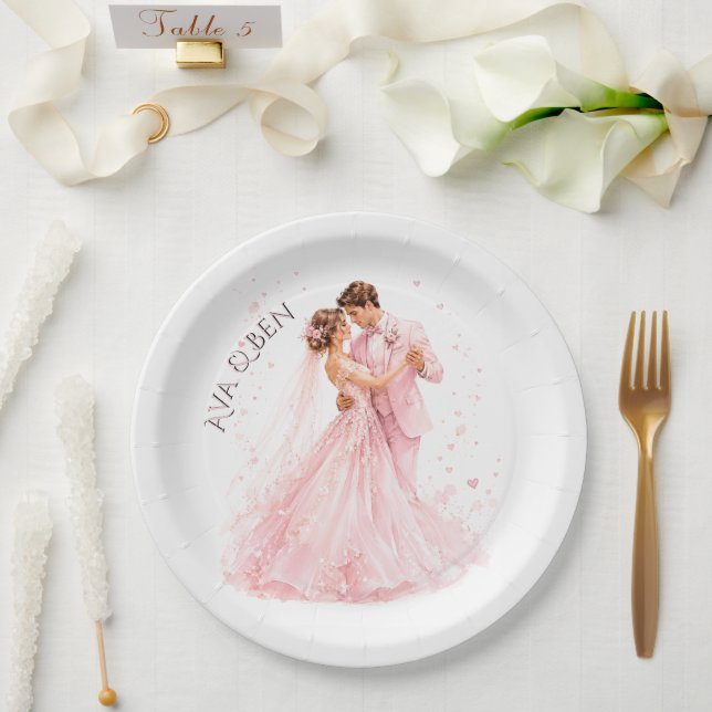 Pink Bride & Groom Dancing Wedding Paper Plate (Wedding)