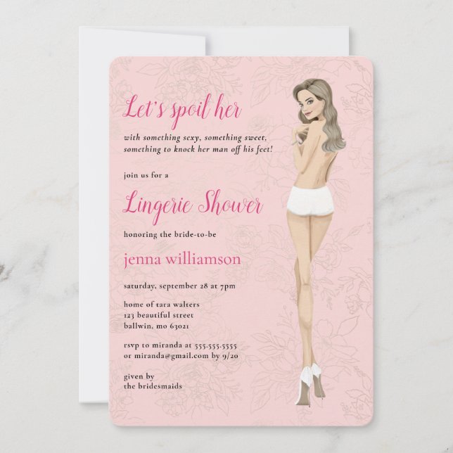 Pink bride in her panties lingerie shower invitation (Front)