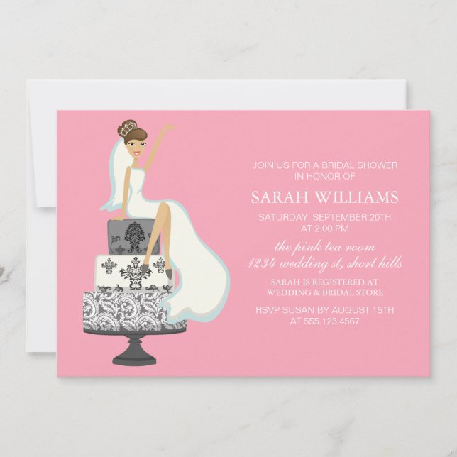 Pink Bride on Wedding Cake Invitation (Front)