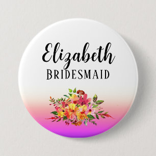Pink Bridesmaid   Modern Floral Personalised 7.5 Cm Round Badge