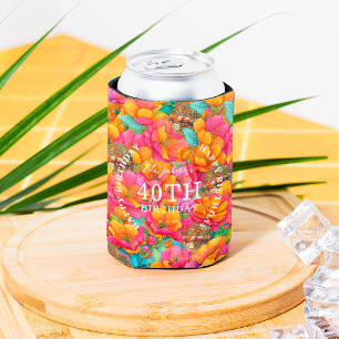 Pink Bright Floral Gold Disco Ball Happy Birthday Can Cooler