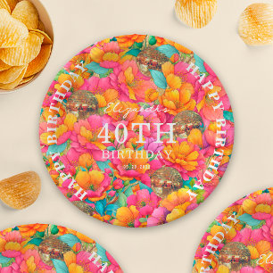 Pink Bright Floral Gold Disco Ball Happy Birthday Paper Plate