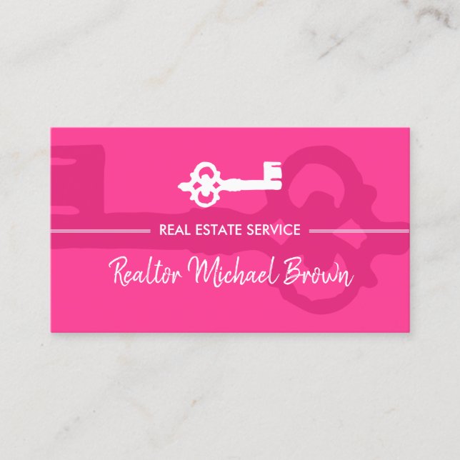 Pink Bright Vintage Key Real Estate Business Card (Front)