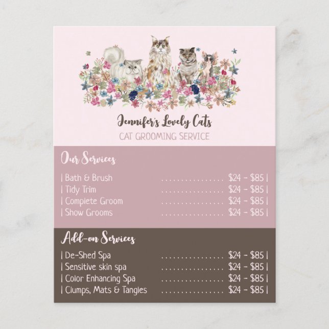 Pink Brochure Cats Groomer Service Offers (Front)