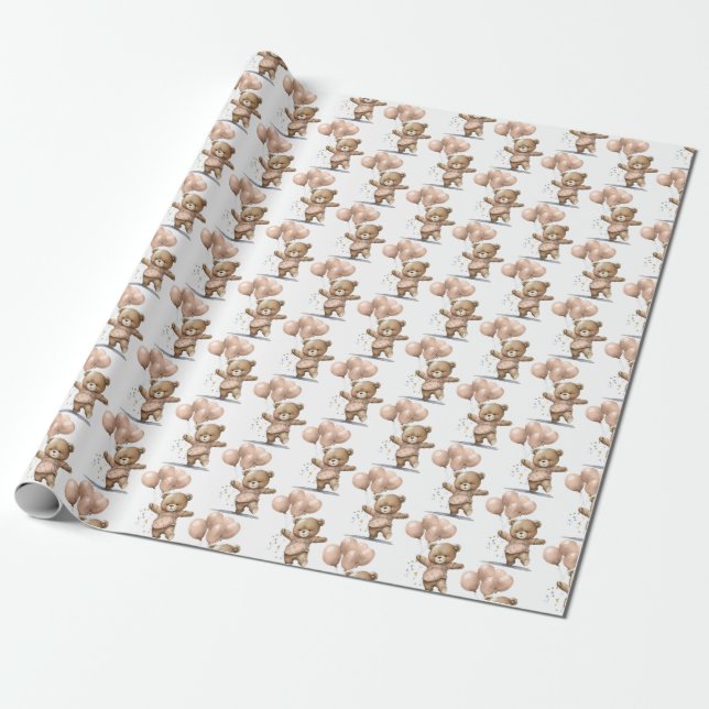 Pink Brown Baby Bears Balloons Baby Shower Gift Wrapping Paper (Unrolled)