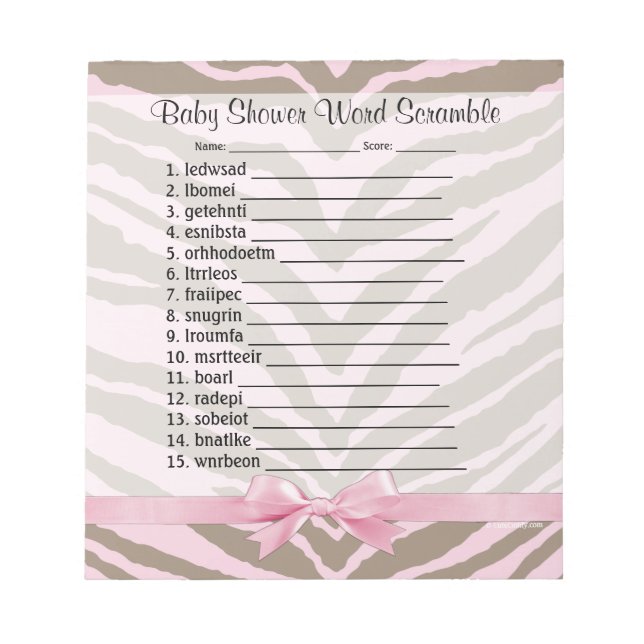 Pink/Brown Baby Shower Word Scramble Game 40 Pages Notepad (Front)