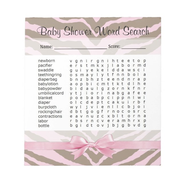 Pink/Brown Baby Shower Word Search Game 40 Pages Notepad (Front)