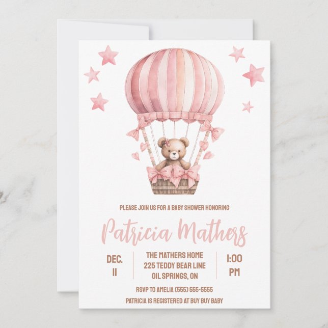 Pink & Brown Bear in Hot Air Balloon Baby Shower Invitation (Front)