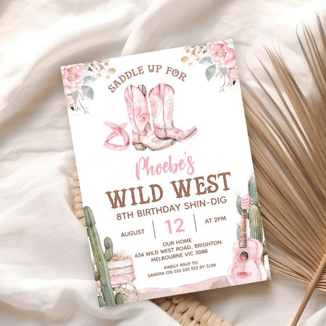 Pink Brown Birthday Shin-Dig Wild West Birthday Invitation (Girls Western Wild West Birthday Invitation, Pink Boots Wild West Birthday Invite, Saddle Up)