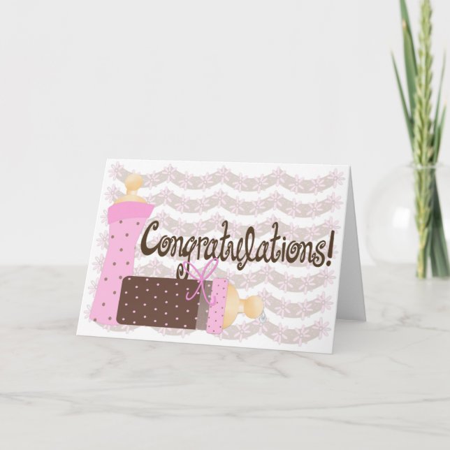 Pink & Brown Bottles Baby Girl Congratulations Card (Front)