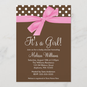 Pink Brown Bow Polka Dot Baby Shower Invitations