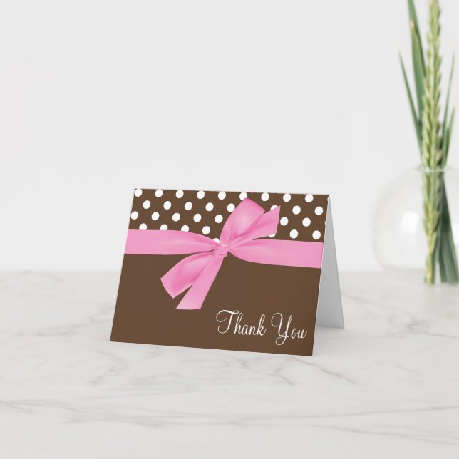 Pink Brown Bow Polka Dot Thank You Card (Front)