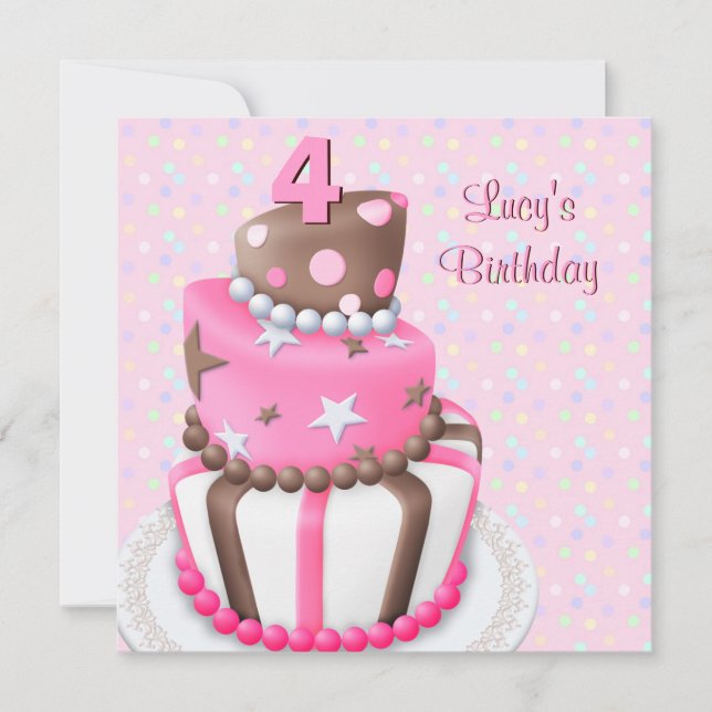 Pink Brown Cake Girls 4th Birthday Party Invitation (Front)
