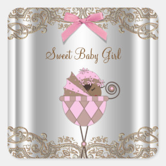 Pink Brown Carriage Baby Shower Label