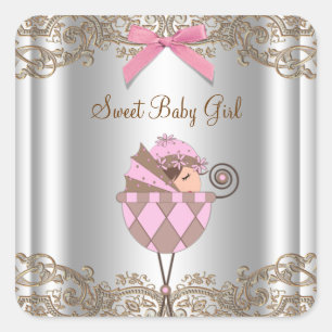 Pink Brown Carriage Baby Shower Label