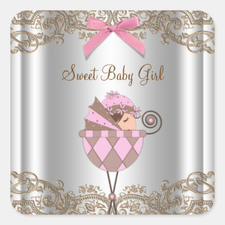 Pink Brown Carriage Baby Shower Label