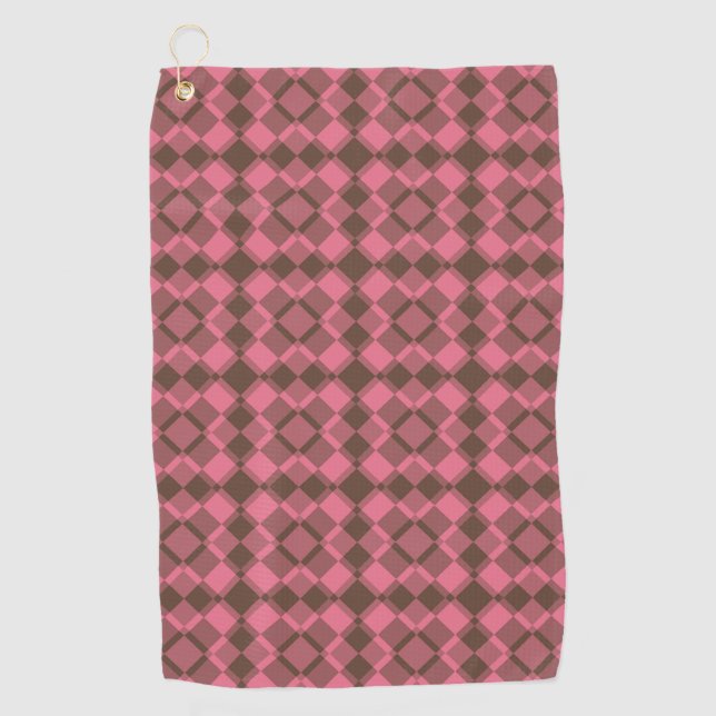 Pink Brown Chequered Argyle Pattern Golf Towel (Front)