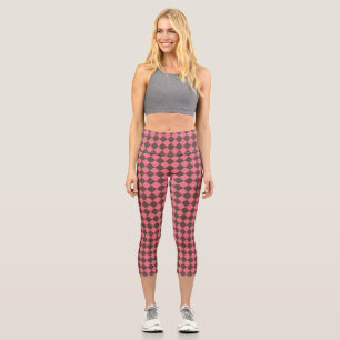 Pink Brown Chequered Diamond Pattern Capri Leggings