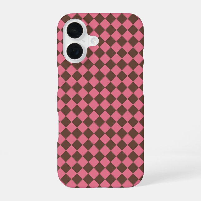 Pink Brown Chequered Diamond Pattern iPhone 16 Case (Back)