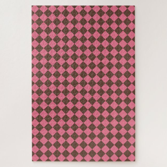 Pink Brown Chequered Diamond Pattern Jigsaw Puzzle (Vertical)