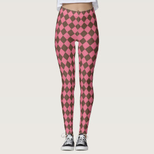 Pink Brown Chequered Diamond Pattern Leggings