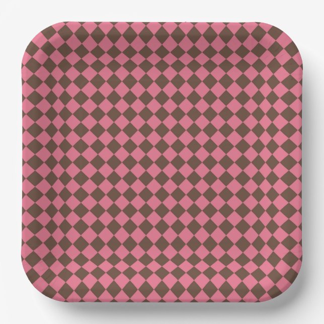 Pink Brown Chequered Diamond Pattern Paper Plate (Front)