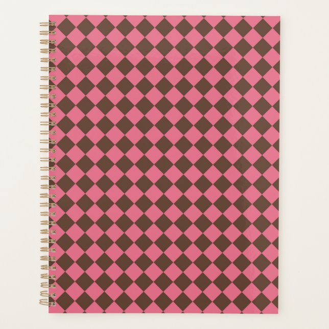 Pink Brown Chequered Diamond Pattern Planner (Front)
