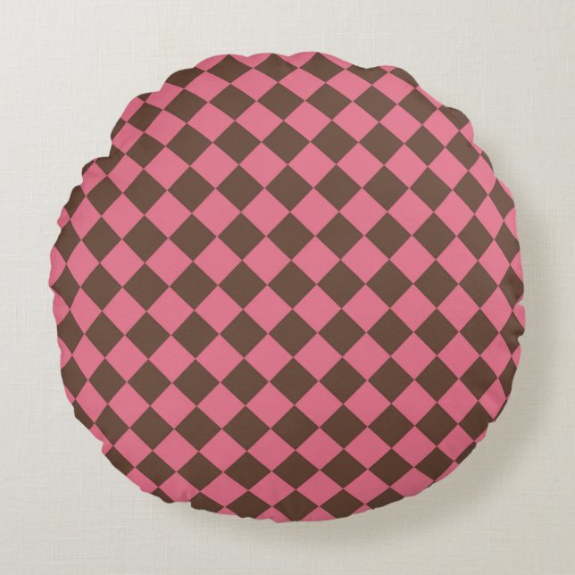 Pink Brown Chequered Diamond Pattern  Round Cushion (Front)