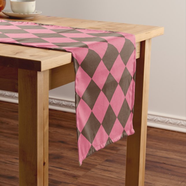 Pink Brown Chequered Diamond Pattern Short Table Runner (In Situ)