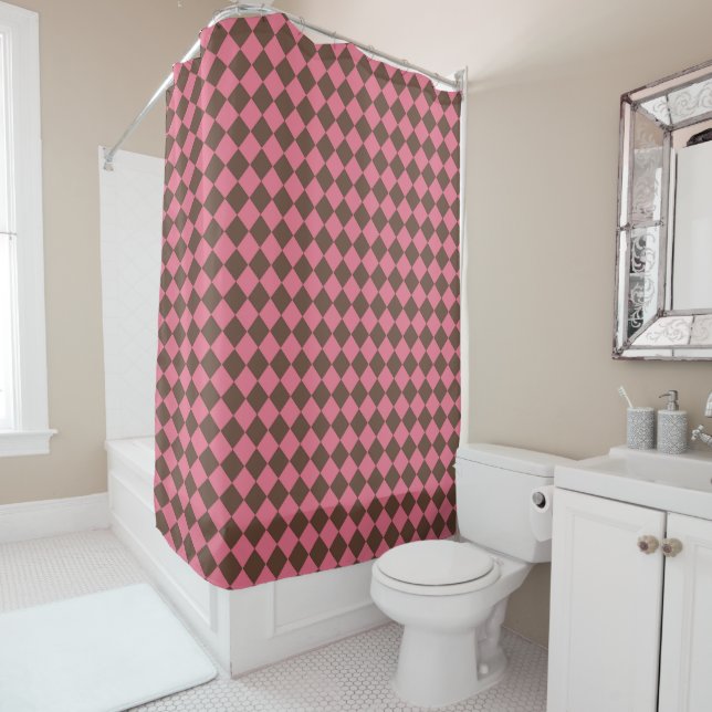 Pink Brown Chequered Diamond Pattern Shower Curtain (In Situ)