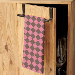 Pink Brown Chequered Diamond Pattern Tea Towel