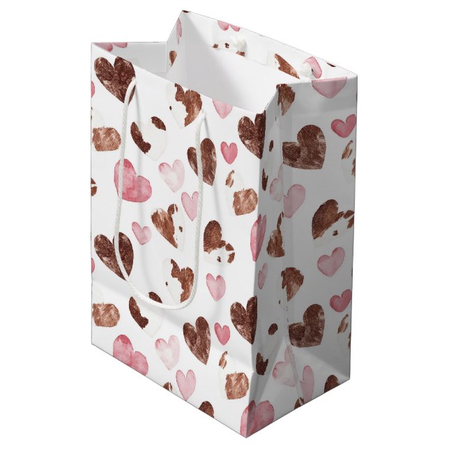 Pink Brown Cocoa Cow Print Hearts Birthday Medium Gift Bag (Front Angled)