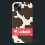Pink Brown Cow Print iPhone 13 Case<br><div class="desc">If you love brown and white cow prints and cow spots,  you'll love this cute girly and trendy brown and cream cowhide design with a punchy pink ribbon look print that can be personalised with your name. Artwork © Chrissy H. Studios,  LLC. All Rights Reserved.</div>