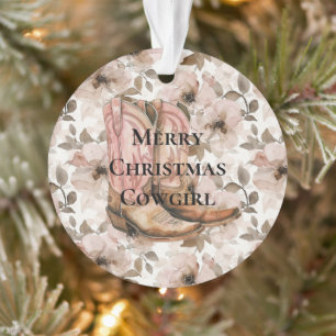 Pink Brown Cowgirl Boots Floral Christmas Ornament