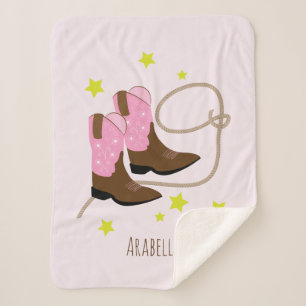 Pink & Brown Cowgirl Boots & Rope, Personalised Sherpa Blanket