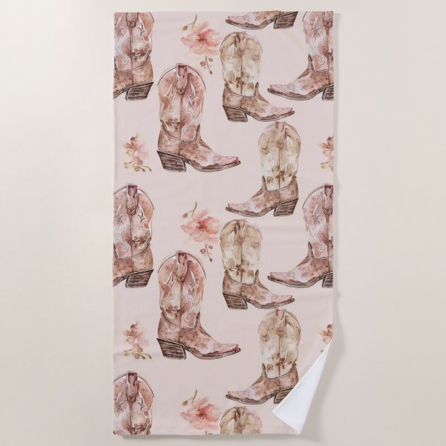 Pink Brown Cowgirl Southwestern Boots Floral Beach Towel (Front)