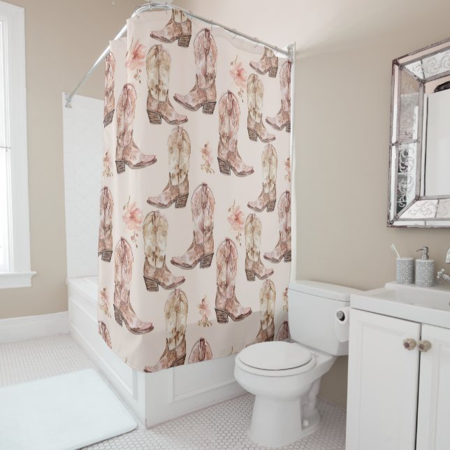Pink Brown Cowgirl Southwestern Boots Floral Shower Curtain (In Situ)