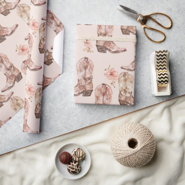 Pink Brown Cowgirl Southwestern Boots Floral Wrapping Paper (Crafts)