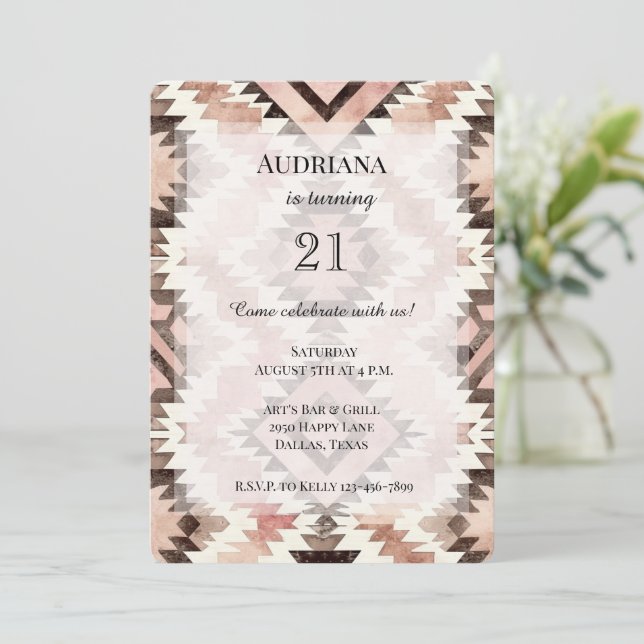 Pink Brown Cowgirl Southwestern Tribal Birthday Invitation (Standing Front)