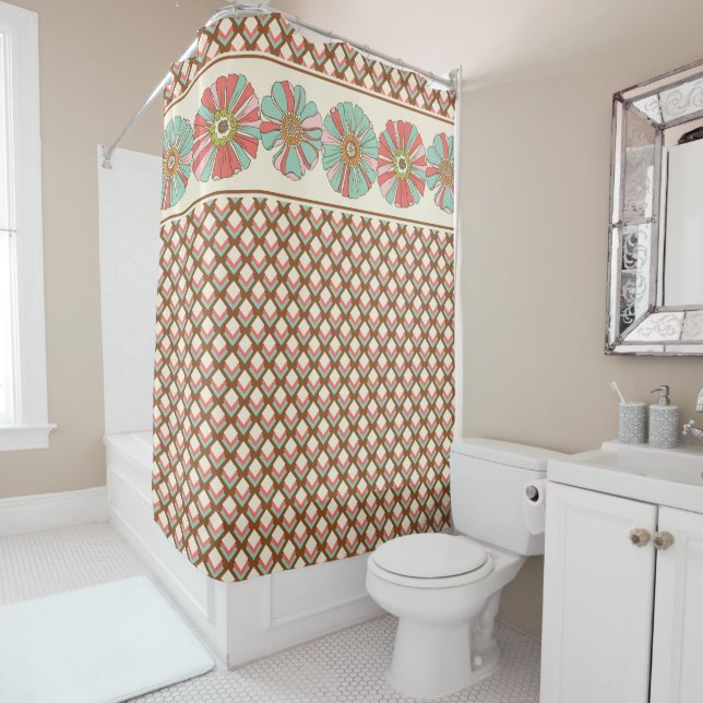 Pink Brown Cream Geometric Retro Squares Flowers Shower Curtain (In Situ)