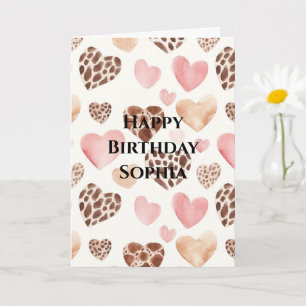 Pink Brown Cream Leopard Animal Hearts Birthday Card