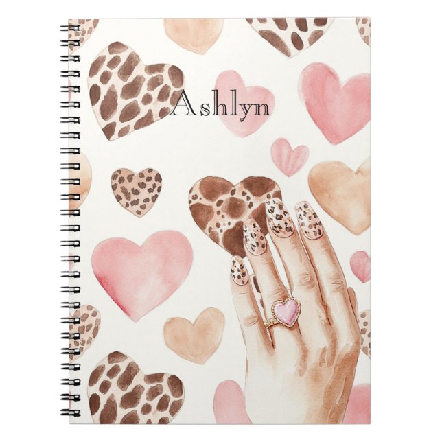 Pink Brown Cream Leopard Animal Hearts Hand Notebook (Front)