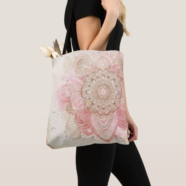 Pink Brown Cream Mandala Bohemian Boho Fashion Tote Bag (Close Up)