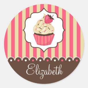 Pink & Brown Cute Cupcake With Custom Name Classic Round Sticker