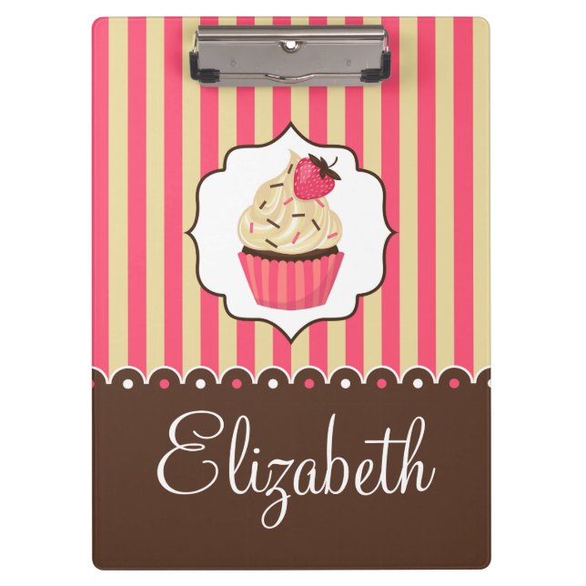 Pink & Brown Cute Cupcake With Custom Name Clipboard (Front)