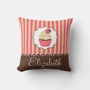 Pink & Brown Cute Cupcake With Custom Name Cushion