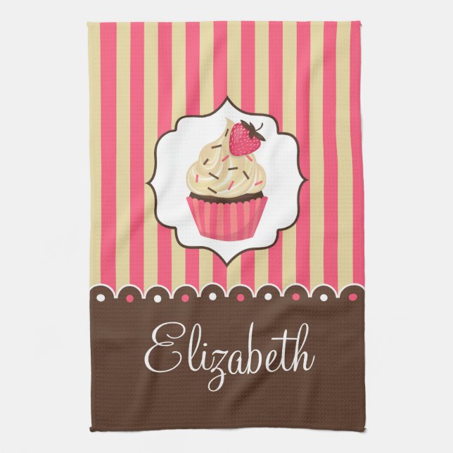 Pink & Brown Cute Cupcake With Custom Name Tea Towel (Vertical)