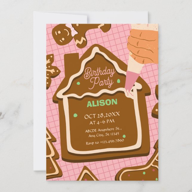 Pink brown cute Gingerbread birthday Invitation (Front)