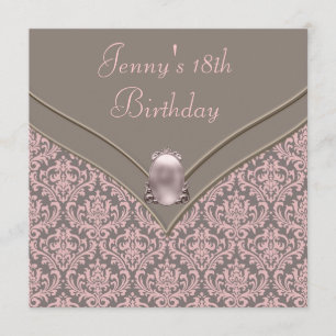 Pink Brown Damask Girls 18th Birthday Party Invitation